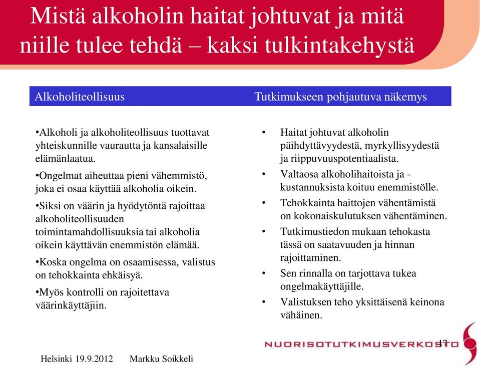 Siksi on väärin ja hyödytöntä rajoittaa alkoholiteollisuuden toimintamahdollisuuksia tai alkoholia oikein käyttävän enemmistön elämää. Koska ongelma on osaamisessa, valistus on tehokkainta ehkäisyä.