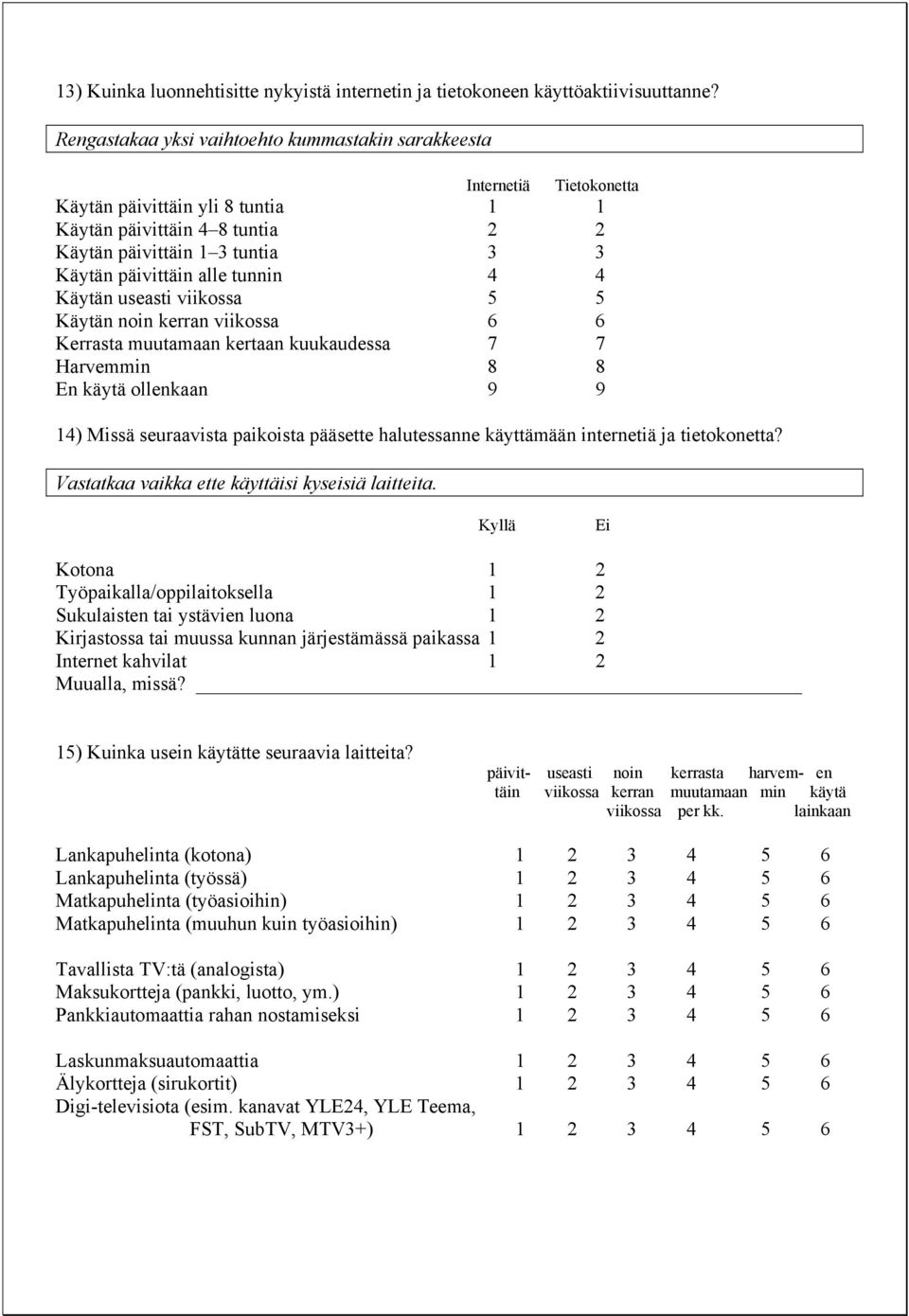 tunnin 4 4 Käytän useasti viikossa 5 5 Käytän noin kerran viikossa 6 6 Kerrasta muutamaan kertaan kuukaudessa 7 7 Harvemmin 8 8 En käytä ollenkaan 9 9 14) Missä seuraavista paikoista pääsette