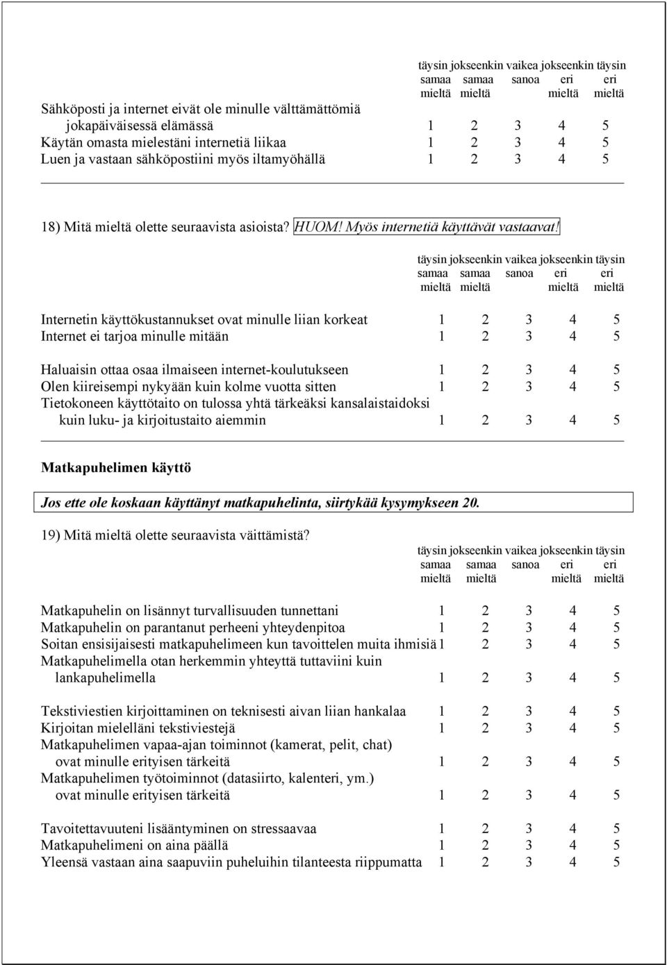 Internetin käyttökustannukset ovat minulle liian korkeat 1 2 3 4 5 Internet ei tarjoa minulle mitään 1 2 3 4 5 Haluaisin ottaa osaa ilmaiseen internet-koulutukseen 1 2 3 4 5 Olen kiireisempi nykyään