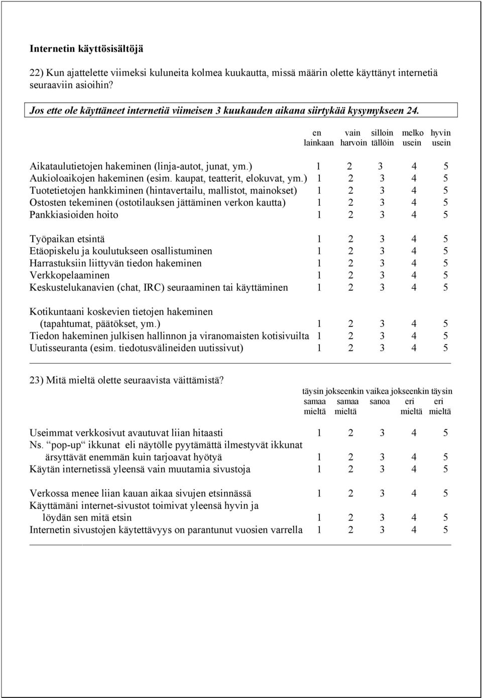 en vain silloin melko hyvin lainkaan harvoin tällöin usein usein Aikataulutietojen hakeminen (linja-autot, junat, ym.) 1 2 3 4 5 Aukioloaikojen hakeminen (esim. kaupat, teatterit, elokuvat, ym.