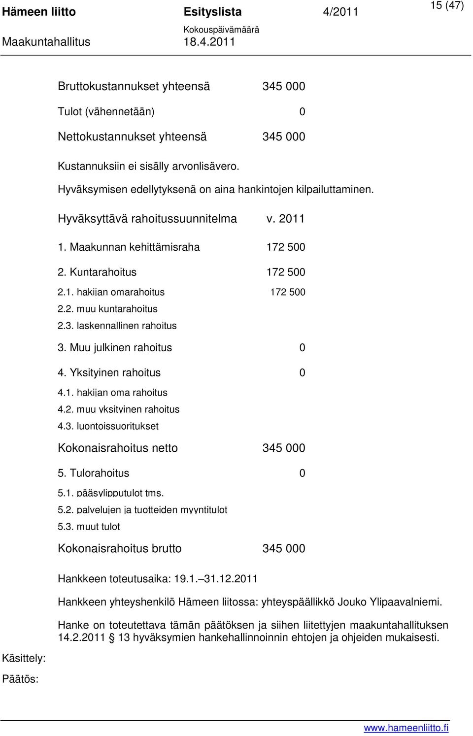 2. muu kuntarahoitus 2.3. laskennallinen rahoitus 3. Muu julkinen rahoitus 0 4. Yksityinen rahoitus 0 4.1. hakijan oma rahoitus 4.2. muu yksityinen rahoitus 4.3. luontoissuoritukset Kokonaisrahoitus netto 345 000 5.