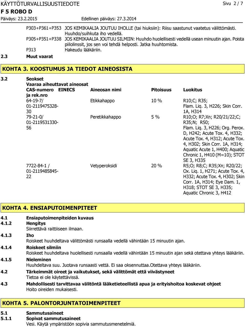 KOOSTUMUS JA TIEDOT AINEOSISTA 3.2 Seokset Vaaraa aiheuttavat aineosat CAS-numero EINECS Aineosan nimi Pitoisuus Luokitus ja rek.