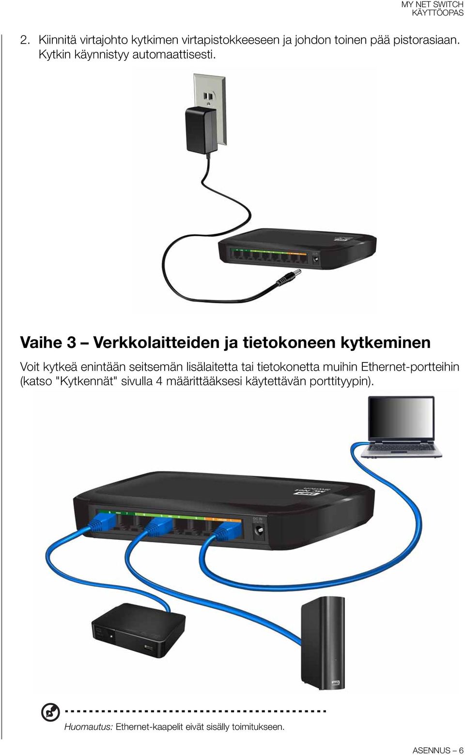 Vaihe 3 Verkkolaitteiden ja tietokoneen kytkeminen Voit kytkeä enintään seitsemän lisälaitetta tai