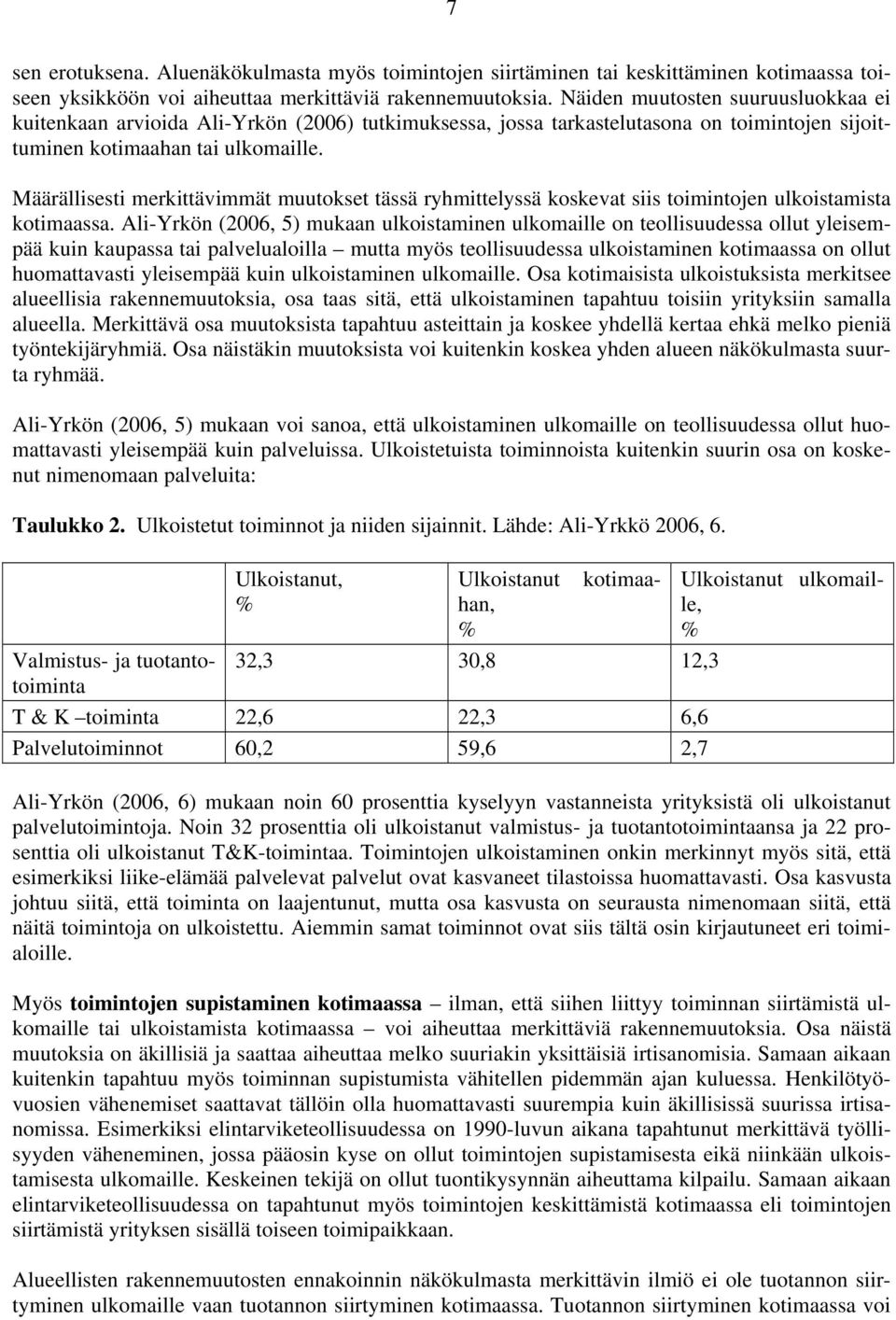 Määrällisesti merkittävimmät muutokset tässä ryhmittelyssä koskevat siis toimintojen ulkoistamista kotimaassa.