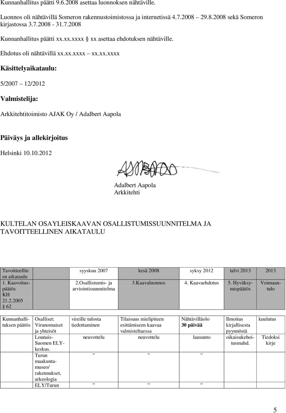 10.2012 Adalbert Aapola Arkkitehti KULTELAN OSAYLEISKAAVAN OSALLISTUMISSUUNNITELMA JA TAVOITTEELLINEN AIKATAULU Tavoitteellin en aikataulu 1. Kaavoituspäätös KH 21.2.2005 62 syyskuu 2007 kesä 2008 syksy 2012 talvi 2013 2013 2.