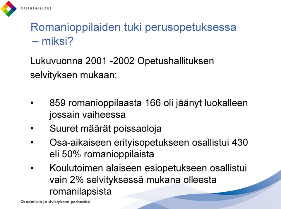 jäänyt luokalleen jossain vaiheessa Suuret määrät poissaoloja Osa-aikaiseen