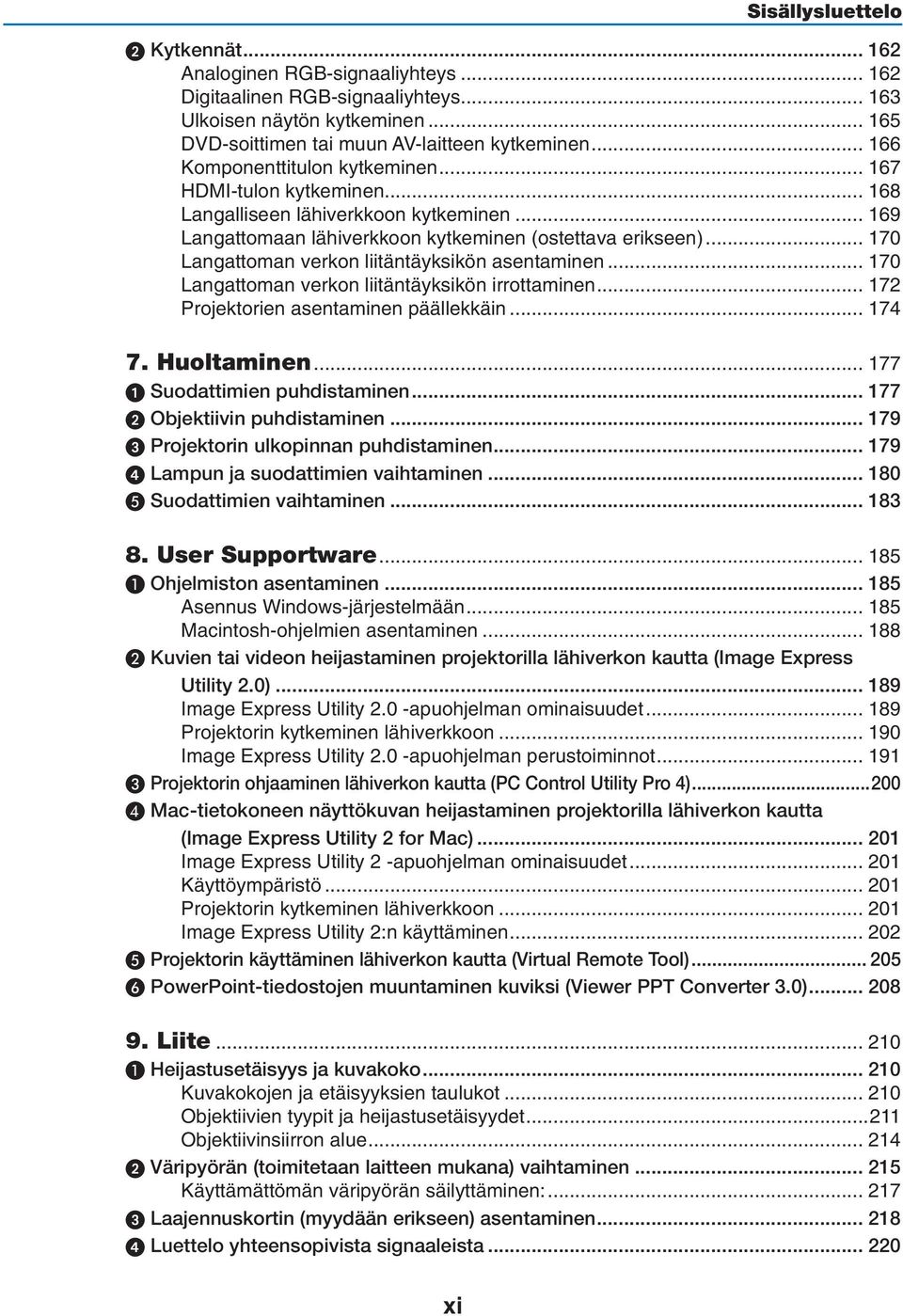 .. 170 Langattoman verkon liitäntäyksikön asentaminen... 170 Langattoman verkon liitäntäyksikön irrottaminen... 172 Projektorien asentaminen päällekkäin... 174 7. Huoltaminen.