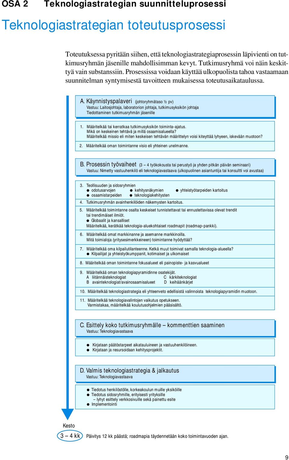 Prosessissa voidaan käyttää ulkopuolista tahoa vastaamaan suunnitelman syntymisestä tavoitteen mukaisessa toteutusaikataulussa. A.