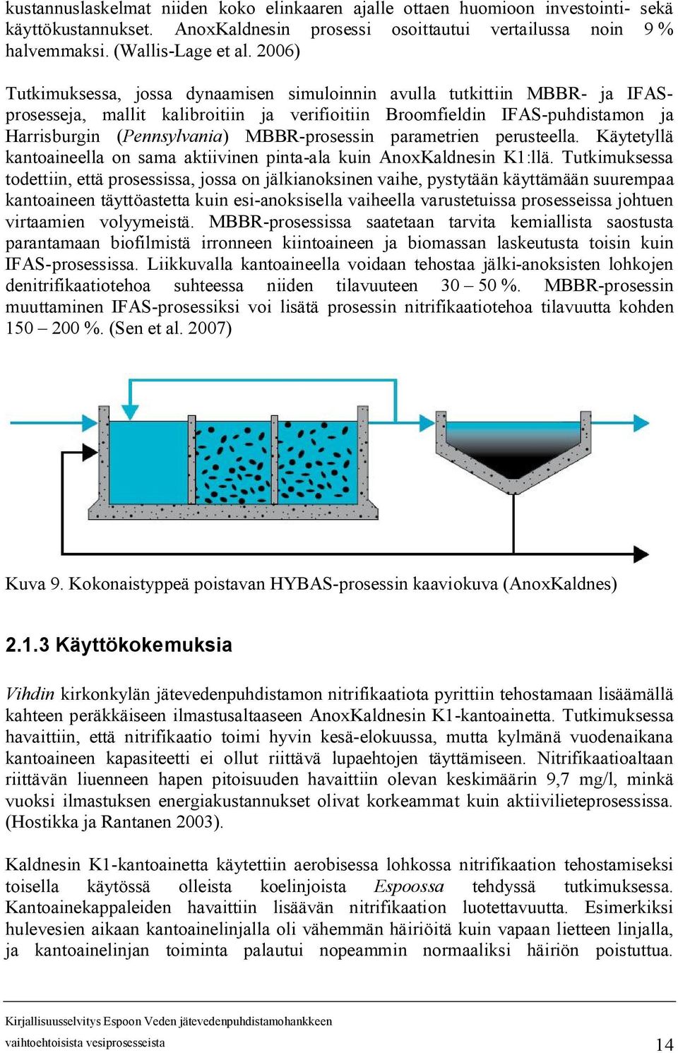 prosessin parametrien perusteella. Käytetyllä kantoaineella on sama aktiivinen pinta ala kuin AnoxKaldnesin K1:llä.