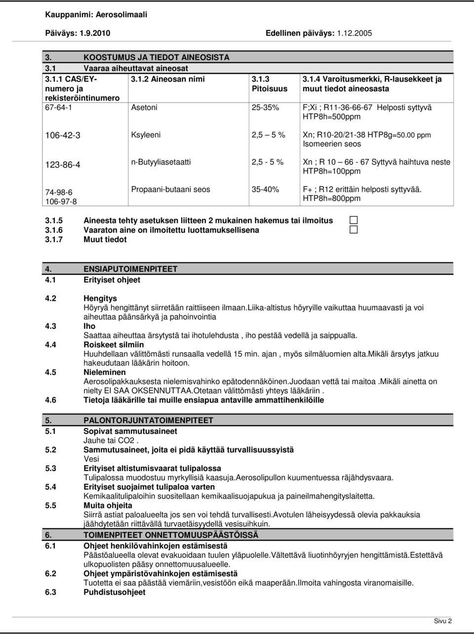 1.5 Aineesta tehty asetuksen liitteen 2 mukainen hakemus tai ilmoitus 3.1.6 Vaaraton aine on ilmoitettu luottamuksellisena 3.1.7 Muut tiedot 4. ENSIAPUTOIMENPITEET 4.1 Erityiset ohjeet 4.