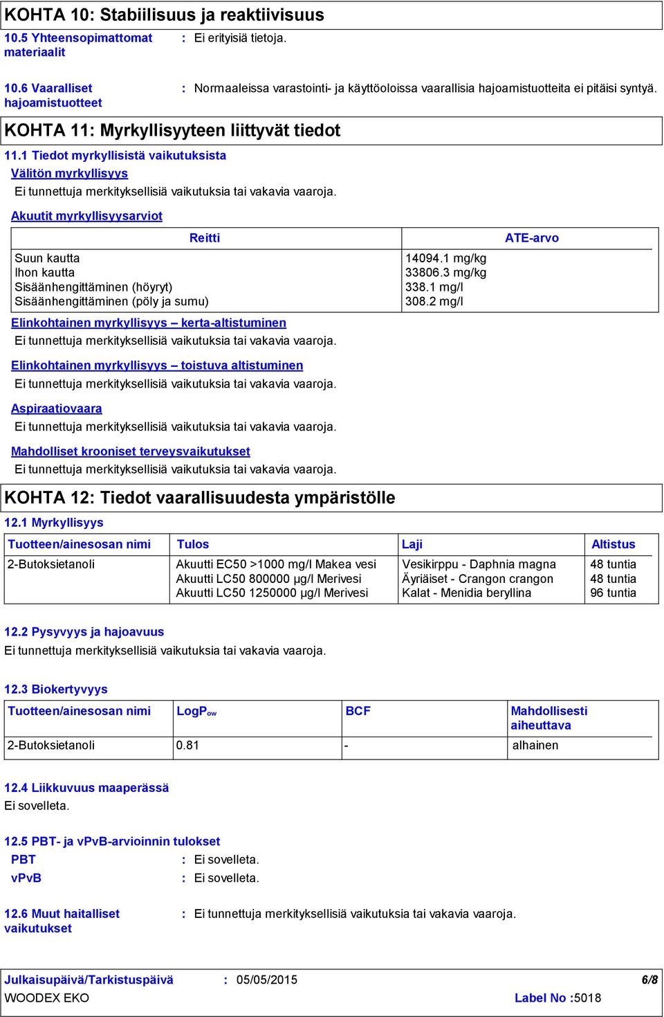 Akuutit myrkyllisyysarviot Reitti Suun kautta Ihon kautta Sisäänhengittäminen (höyryt) Sisäänhengittäminen (pöly ja sumu) Elinkohtainen myrkyllisyys kertaaltistuminen Elinkohtainen myrkyllisyys