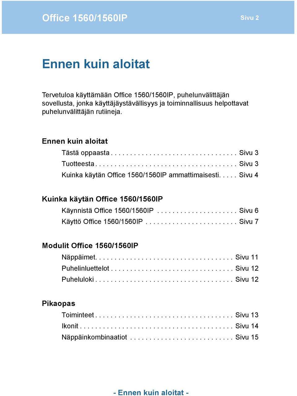 .... Sivu 4 Kuinka käytän Office 1560/1560IP Käynnistä Office 1560/1560IP..................... Sivu 6 Käyttö Office 1560/1560IP........................ Sivu 7 Modulit Office 1560/1560IP Näppäimet.