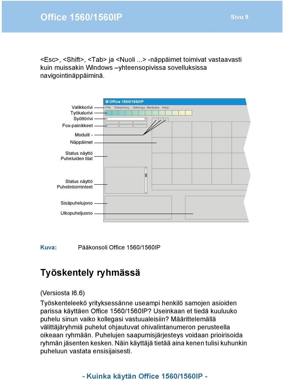 Sisäpuhelujono Ulkopuheljuono Kuva: Pääkonsoli Office 1560/1560IP Työskentely ryhmässä (Versiosta I6.