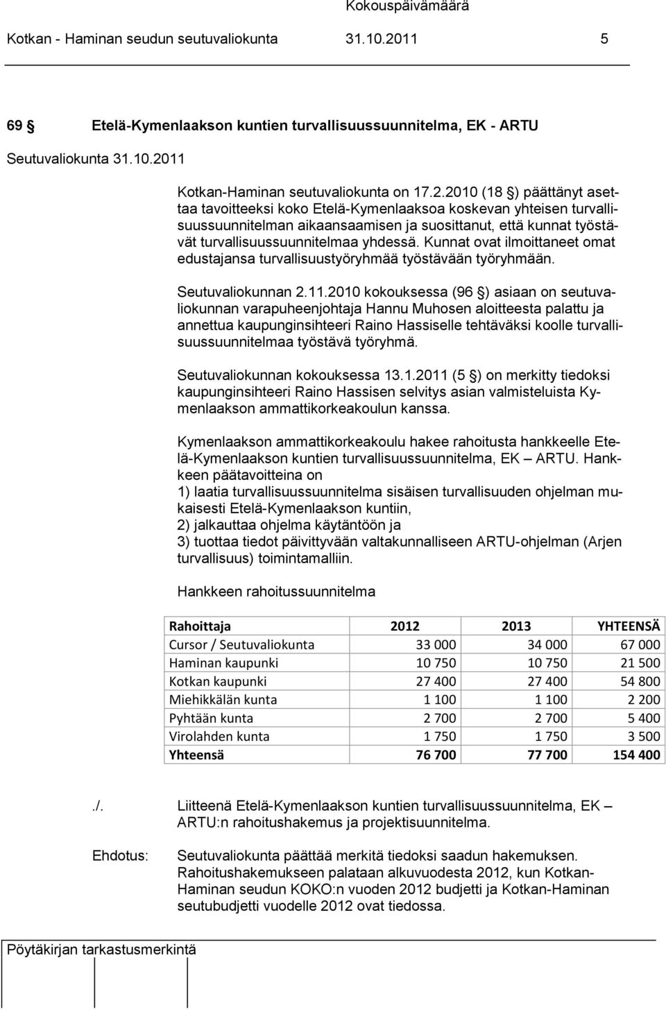 2010 (18 ) päättänyt asettaa tavoitteeksi koko Etelä-Kymenlaaksoa koskevan yhteisen turvallisuussuunnitelman aikaansaamisen ja suosittanut, että kunnat työstävät turvallisuussuunnitelmaa yhdessä.