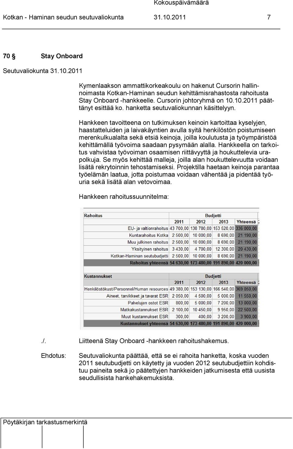 10.2011 päättänyt esittää ko. hanketta seutuvaliokunnan käsittelyyn.