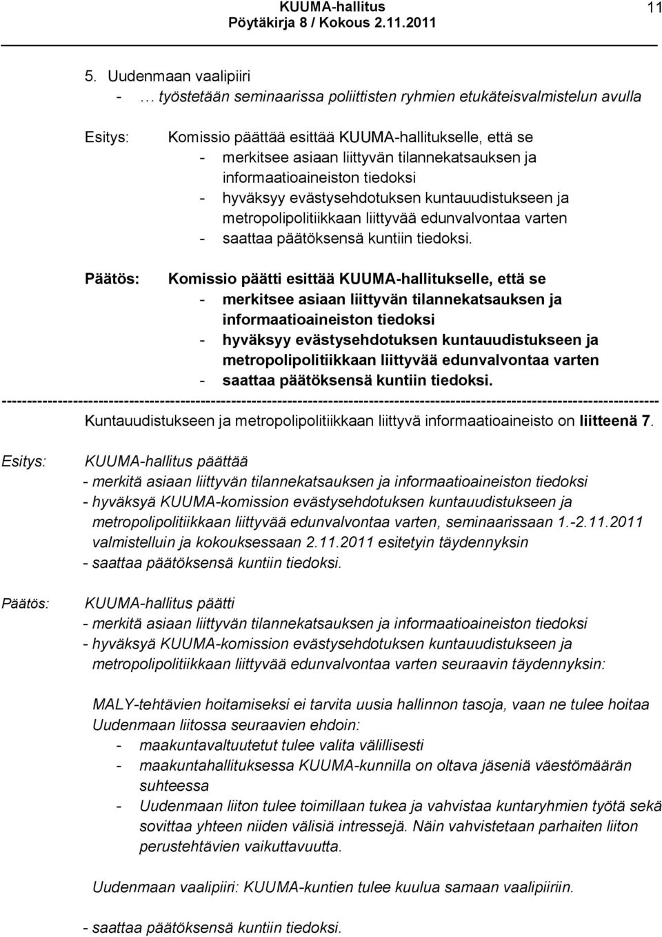 Komissio päätti esittää KUUMA-hallitukselle, että se - merkitsee asiaan liittyvän 