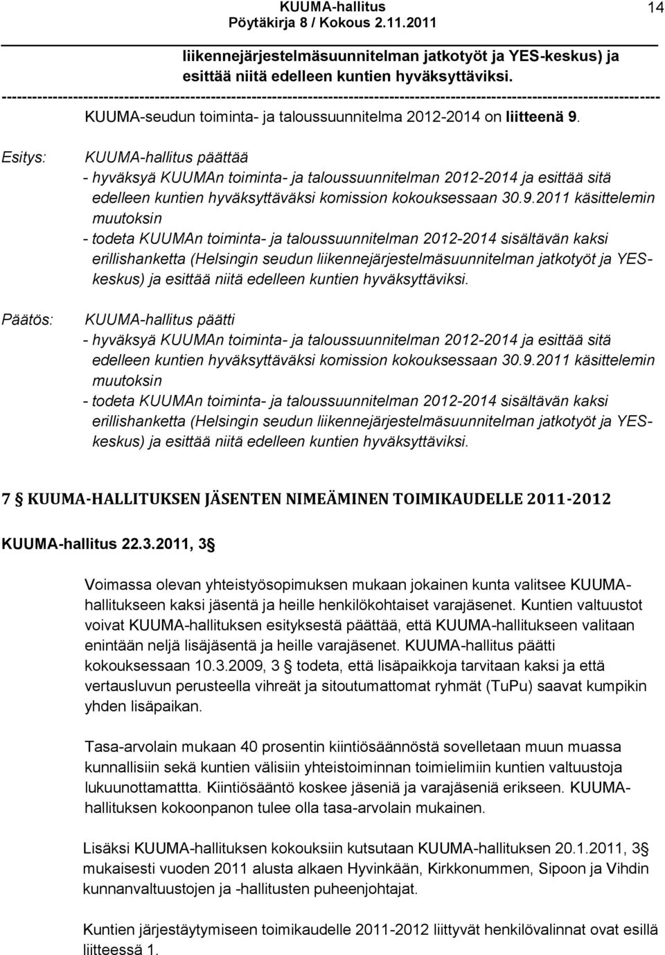 KUUMA-hallitus päättää - hyväksyä KUUMAn toiminta- ja taloussuunnitelman 2012-2014 ja esittää sitä edelleen kuntien hyväksyttäväksi komission kokouksessaan 30.9.