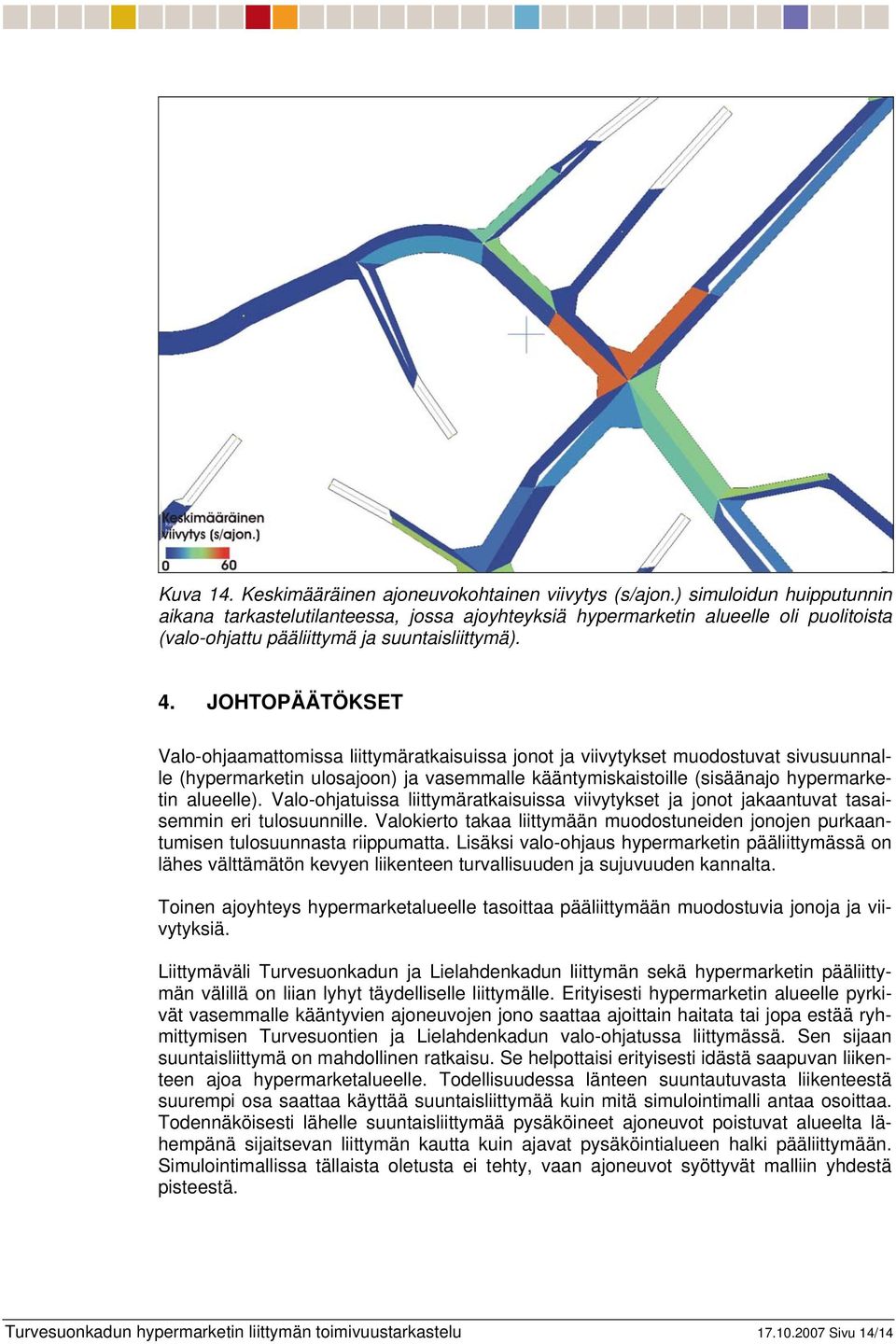 JOHTOPÄÄTÖKSET Valo-ohjaamattomissa liittymäratkaisuissa jonot ja viivytykset muodostuvat sivusuunnalle (hypermarketin ulosajoon) ja vasemmalle kääntymiskaistoille (sisäänajo hypermarketin alueelle).