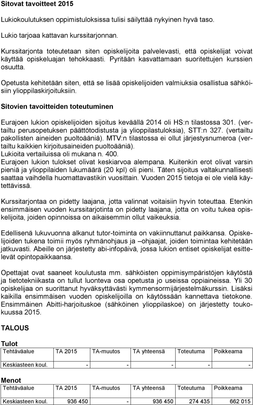 Opetusta kehitetään siten, että se lisää opiskelijoiden valmiuksia osallistua sähköisiin ylioppilaskirjoituksiin. Eurajoen lukion opiskelijoiden sijoitus keväällä 2014 oli HS:n tilastossa 301.