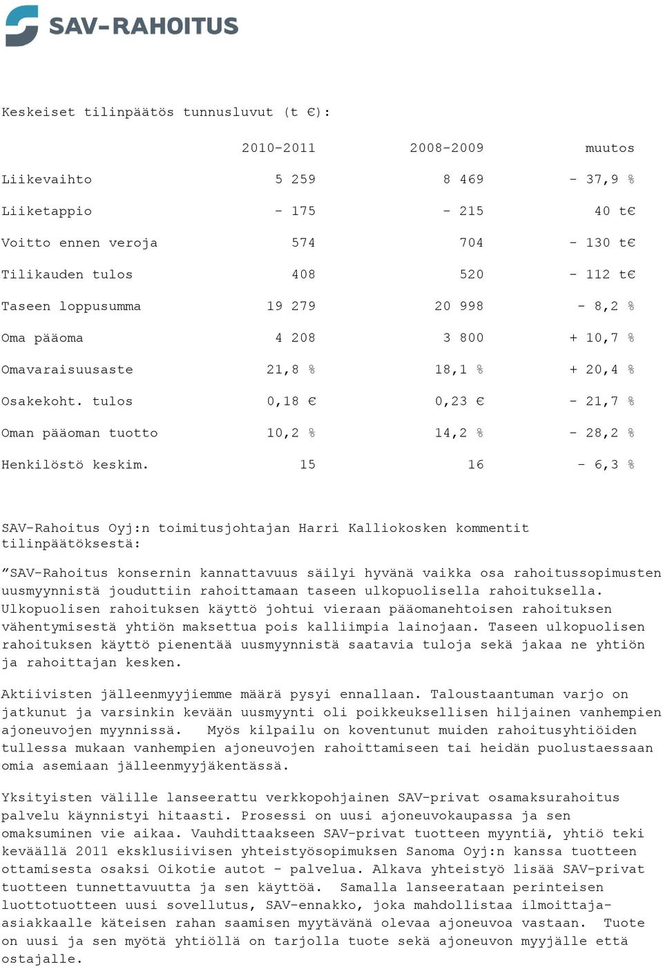 15 16-6,3 % SAV-Rahoitus Oyj:n toimitusjohtajan Harri Kalliokosken kommentit tilinpäätöksestä: SAV-Rahoitus konsernin kannattavuus säilyi hyvänä vaikka osa rahoitussopimusten uusmyynnistä jouduttiin