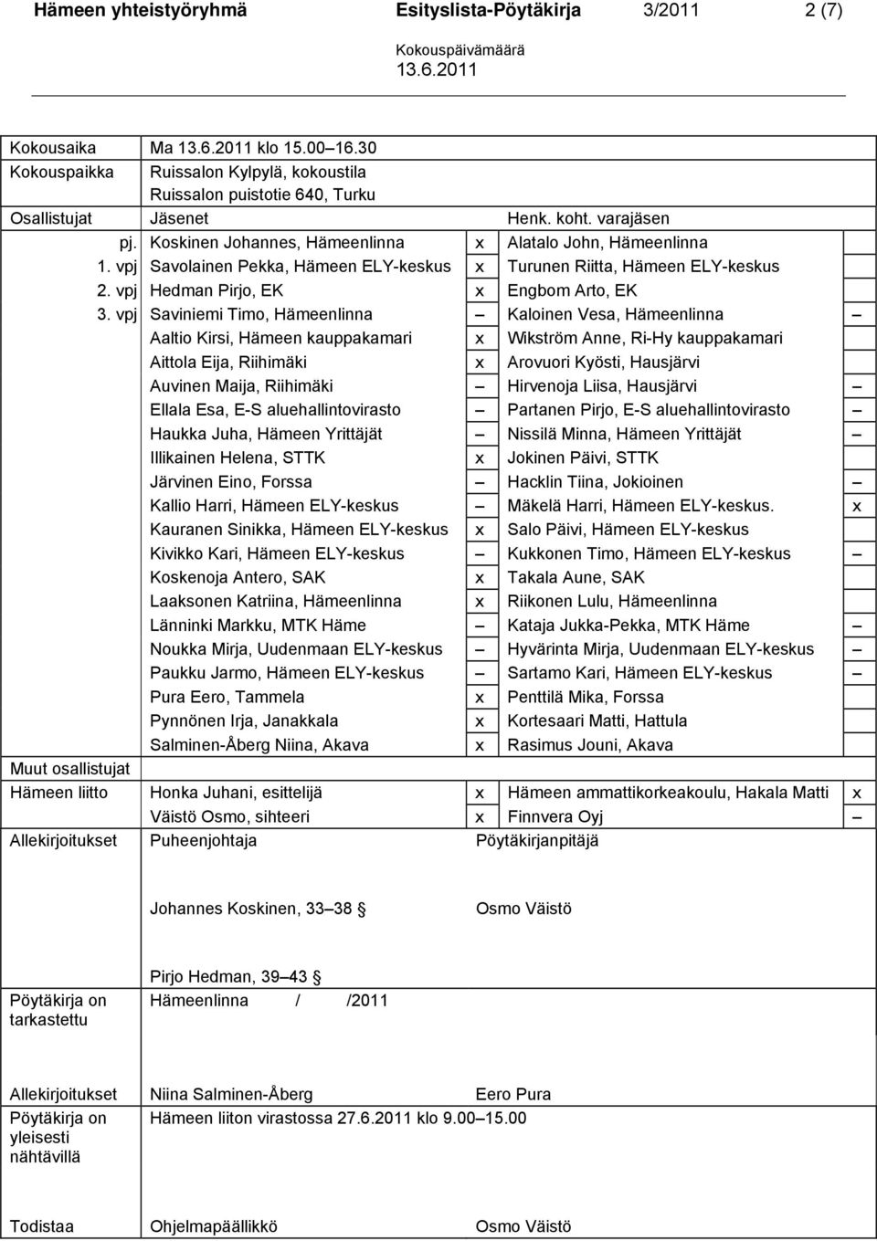 vpj Saviniemi Timo, Hämeenlinna Kaloinen Vesa, Hämeenlinna Aaltio Kirsi, Hämeen kauppakamari x Wikström Anne, Ri-Hy kauppakamari Aittola Eija, Riihimäki x Arovuori Kyösti, Hausjärvi Auvinen Maija,