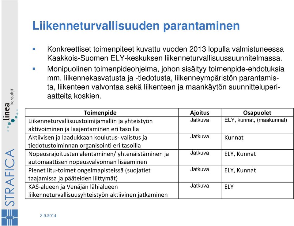 liikennekasvatusta ja -tiedotusta, liikenneympäristön parantamista, liikenteen valvontaa sekä liikenteen ja maankäytön suunnitteluperiaatteita koskien.