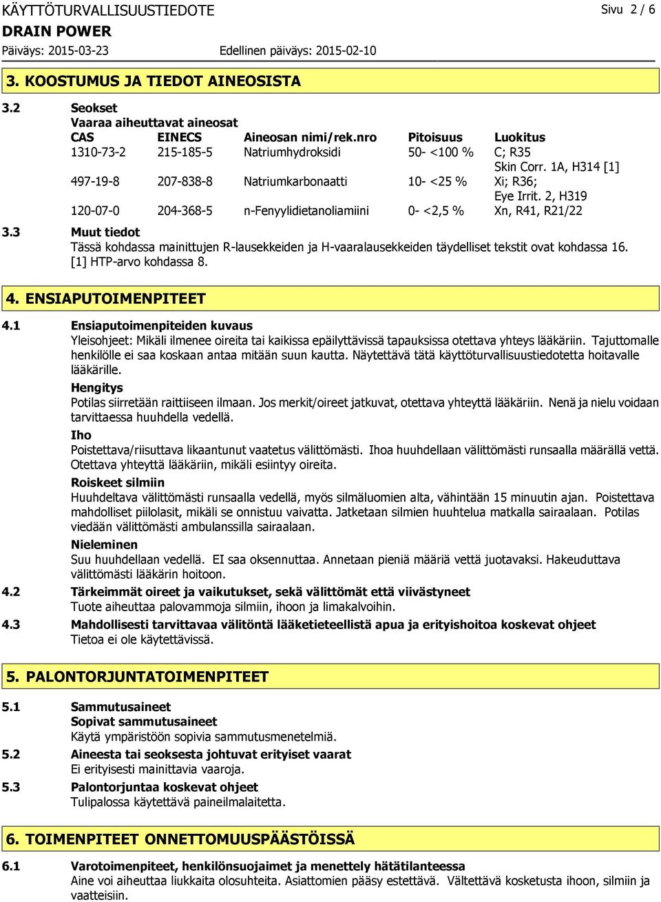 2, H319 120-07-0 204-368-5 n-fenyylidietanoliamiini 0- <2,5 % Xn, R41, R21/22 3.3 Muut tiedot Tässä kohdassa mainittujen R-lausekkeiden ja H-vaaralausekkeiden täydelliset tekstit ovat kohdassa 16.