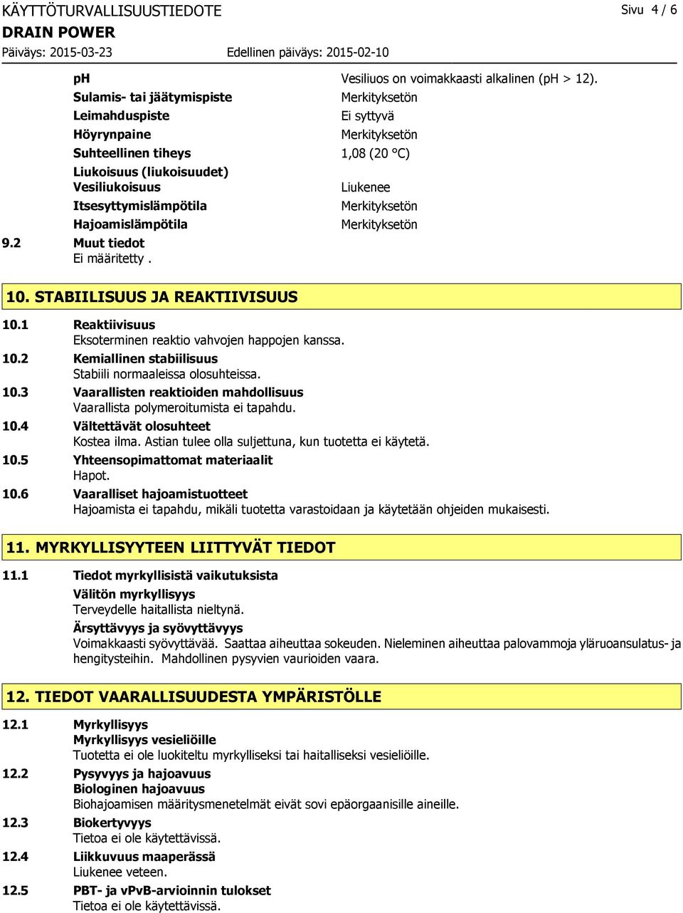 Ei syttyvä 1,08 (20 C) Liukenee 10. STABIILISUUS JA REAKTIIVISUUS 10.1 Reaktiivisuus Eksoterminen reaktio vahvojen happojen kanssa. 10.2 Kemiallinen stabiilisuus Stabiili normaaleissa olosuhteissa.