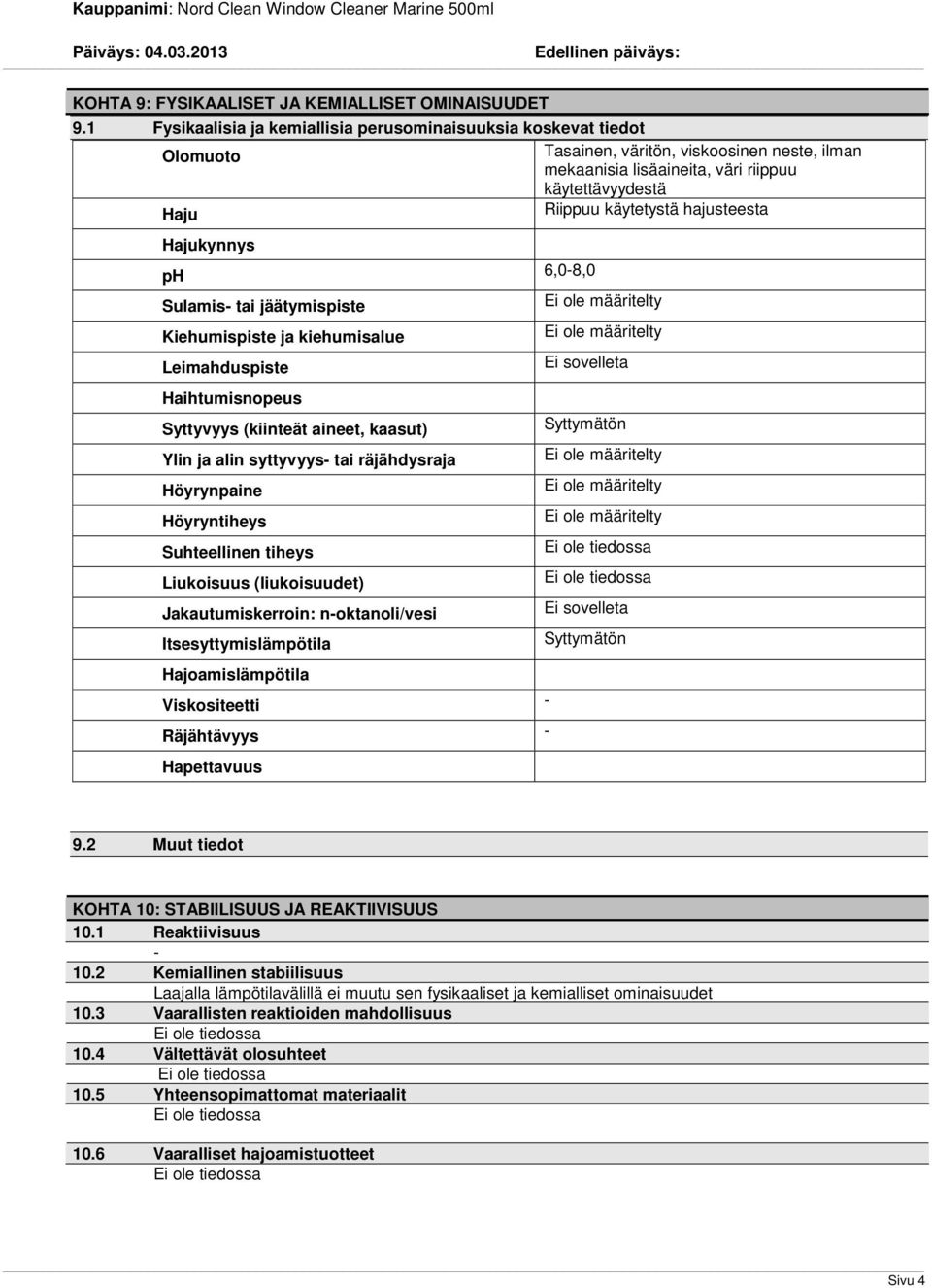 hajusteesta Hajukynnys ph 6,08,0 Sulamis tai jäätymispiste Kiehumispiste ja kiehumisalue Leimahduspiste Haihtumisnopeus Syttyvyys (kiinteät aineet, kaasut) Ylin ja alin syttyvyys tai räjähdysraja
