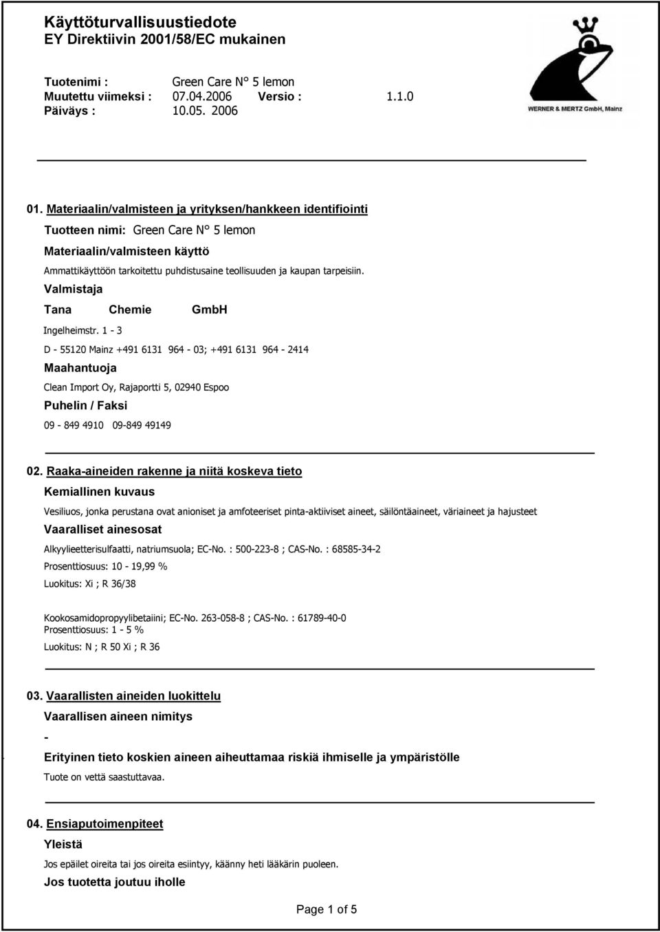 Raaka-aineiden rakenne ja niitä koskeva tieto Kemiallinen kuvaus Vesiliuos, jonka perustana ovat anioniset ja amfoteeriset pinta-aktiiviset aineet, säilöntäaineet, väriaineet ja hajusteet Vaaralliset