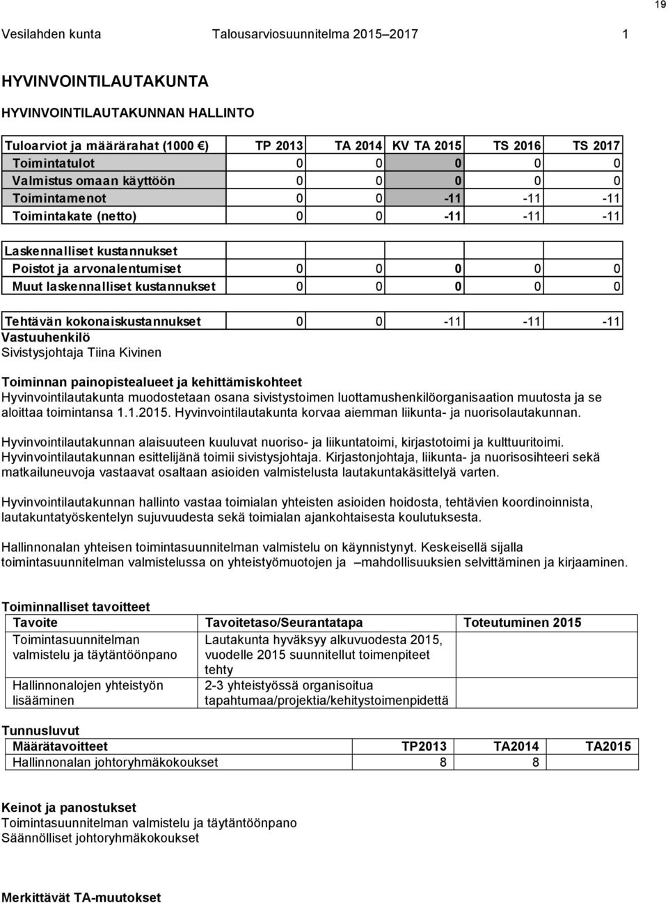 kustannukset 0 0 0 0 0 Tehtävän kokonaiskustannukset 0 0-11 -11-11 Vastuuhenkilö Sivistysjohtaja Tiina Kivinen Toiminnan painopistealueet ja kehittämiskohteet Hyvinvointilautakunta muodostetaan osana