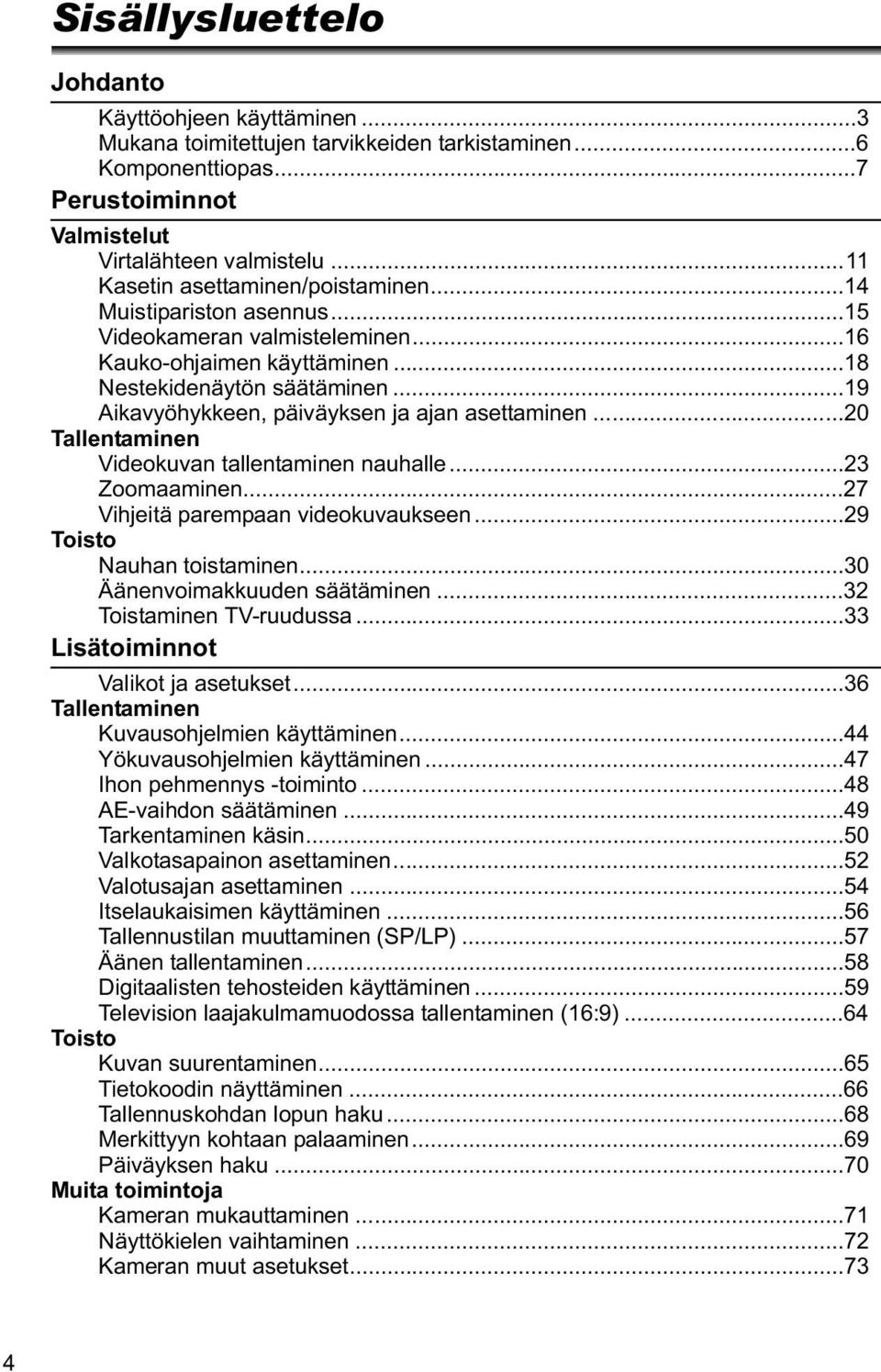 ..19 Aikavyöhykkeen, päiväyksen ja ajan asettaminen...20 Tallentaminen Videokuvan tallentaminen nauhalle...23 Zoomaaminen...27 Vihjeitä parempaan videokuvaukseen...29 Toisto Nauhan toistaminen.