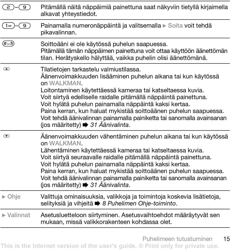 Tilatietojen tarkastelu valmiustilassa. Äänenvoimakkuuden lisääminen puhelun aikana tai kun käytössä on WALKMAN. Loitontaminen käytettäessä kameraa tai katseltaessa kuvia.