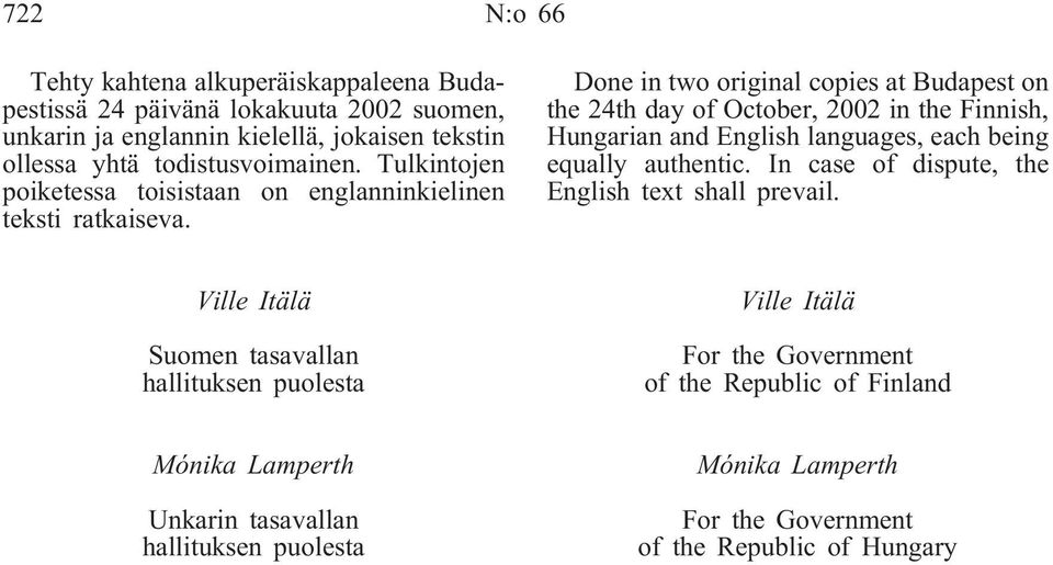 Done in two original copies at Budapest on the 24th day of October, 2002 in the Finnish, Hungarian and English languages, each being equally authentic.