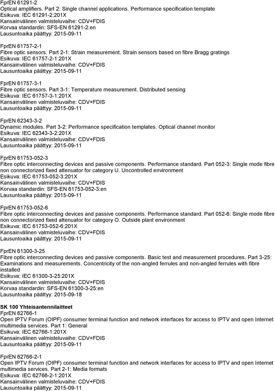 Strain sensors based on fibre Bragg gratings Esikuva: IEC 61757-2-1:201X FprEN 61757-3-1 Fibre optic sensors. Part 3-1: Temperature measurement.