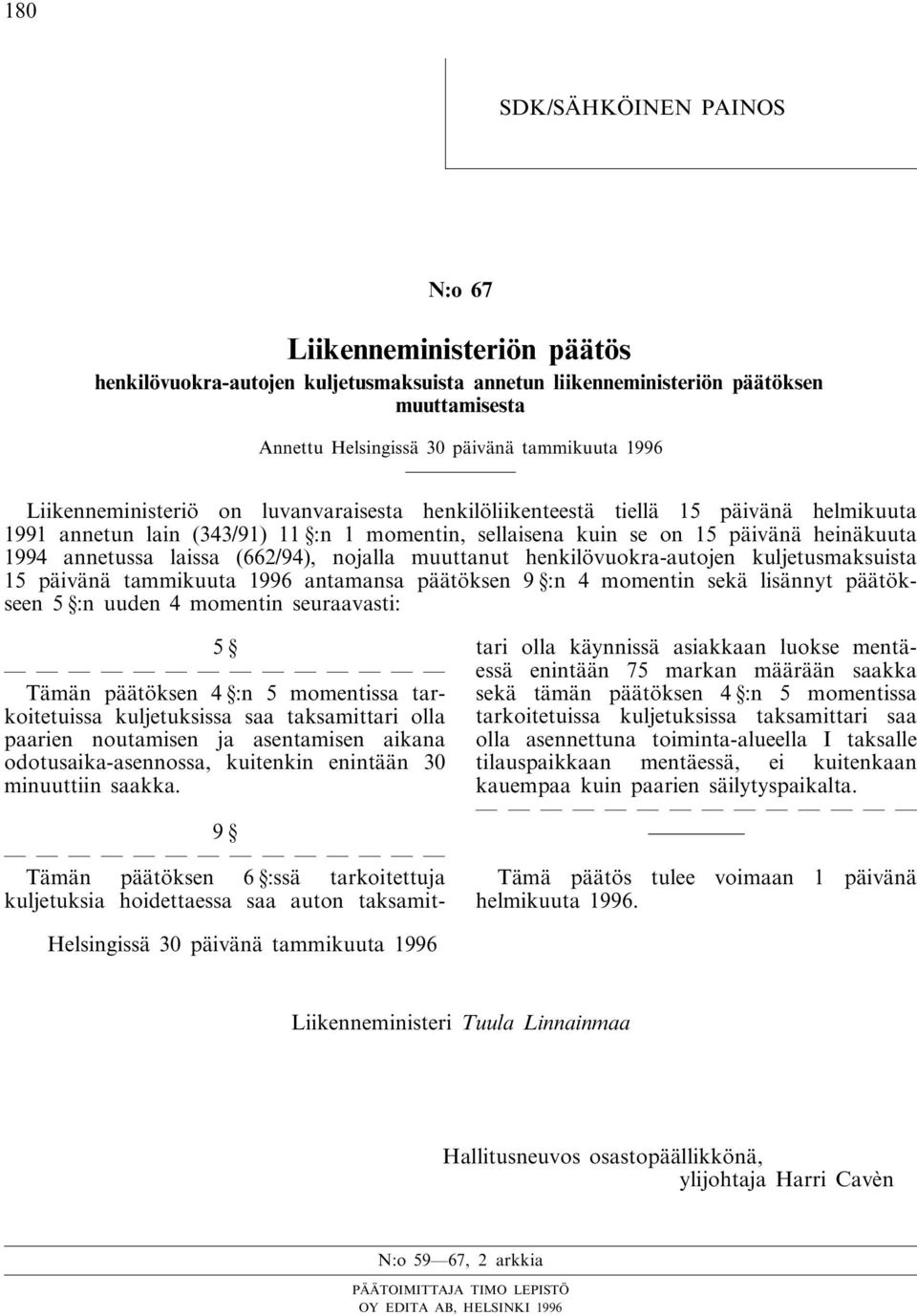 (662/94), nojalla muuttanut henkilövuokra-autojen kuljetusmaksuista 15 päivänä tammikuuta 1996 antamansa päätöksen 9 :n 4 momentin sekä lisännyt päätökseen 5 :n uuden 4 momentin seuraavasti: 5 Tämän