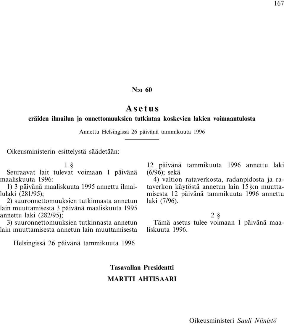 annettu laki (282/95); 3) suuronnettomuuksien tutkinnasta annetun lain muuttamisesta annetun lain muuttamisesta 12 päivänä tammikuuta 1996 annettu laki (6/96); sekä 4) valtion rataverkosta,