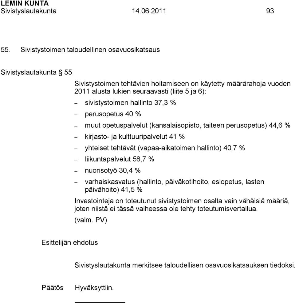 sivistystoimen hallinto 37,3 % perusopetus 40 % muut opetuspalvelut (kansalaisopisto, taiteen perusopetus) 44,6 % kirjasto- ja kulttuuripalvelut 41 % yhteiset tehtävät (vapaa-aikatoimen hallinto)