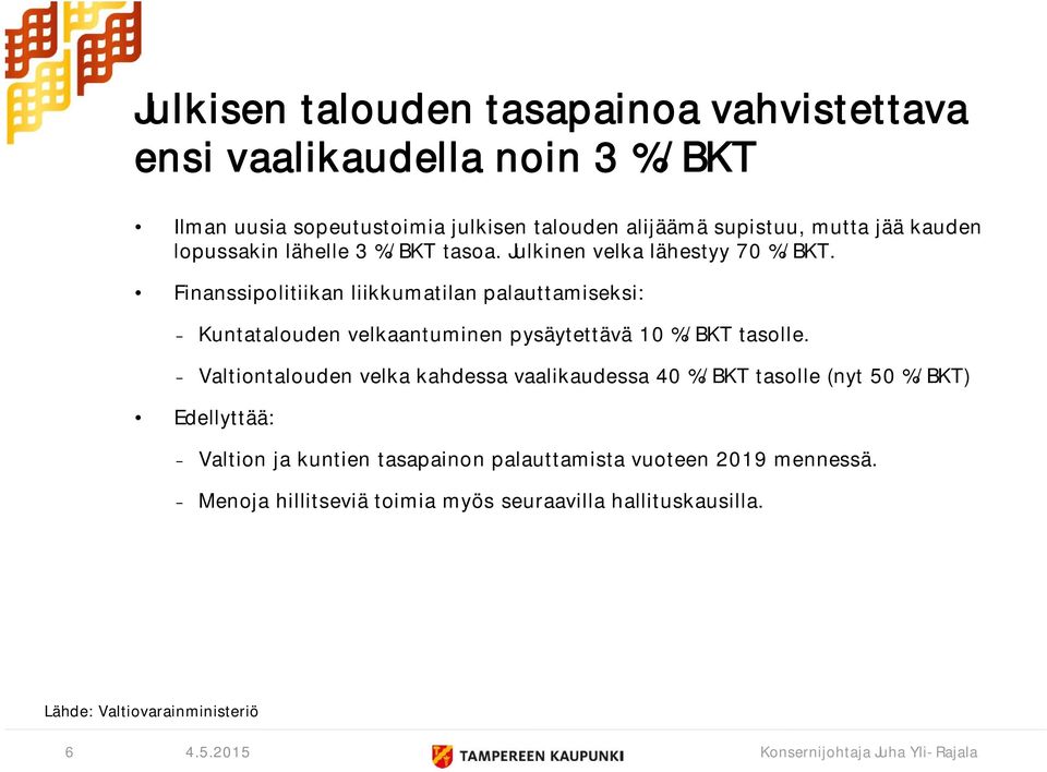 Finanssipolitiikan liikkumatilan palauttamiseksi: Kuntatalouden velkaantuminen pysäytettävä 10 %/BKT tasolle.