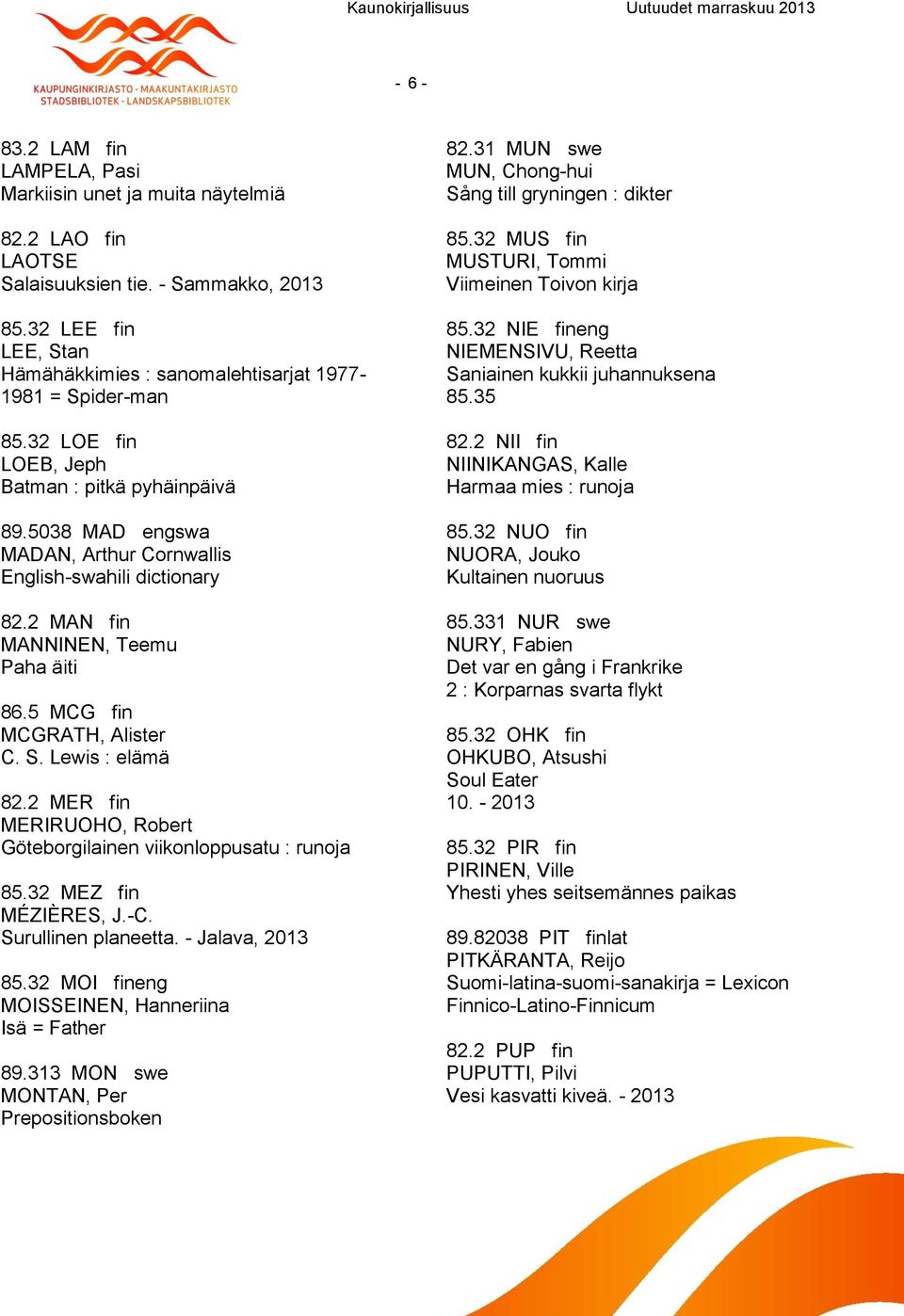 5038 MAD engswa MADAN, Arthur Cornwallis English-swahili dictionary 82.2 MAN fin MANNINEN, Teemu Paha äiti 86.5 MCG fin MCGRATH, Alister C. S. Lewis : elämä 82.