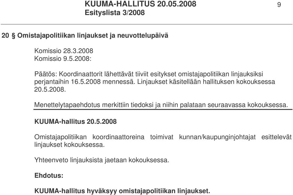 Linjaukset käsitellään hallituksen kokouksessa 20.5.2008. Menettelytapaehdotus merkittiin tiedoksi ja niihin palataan seuraavassa kokouksessa.