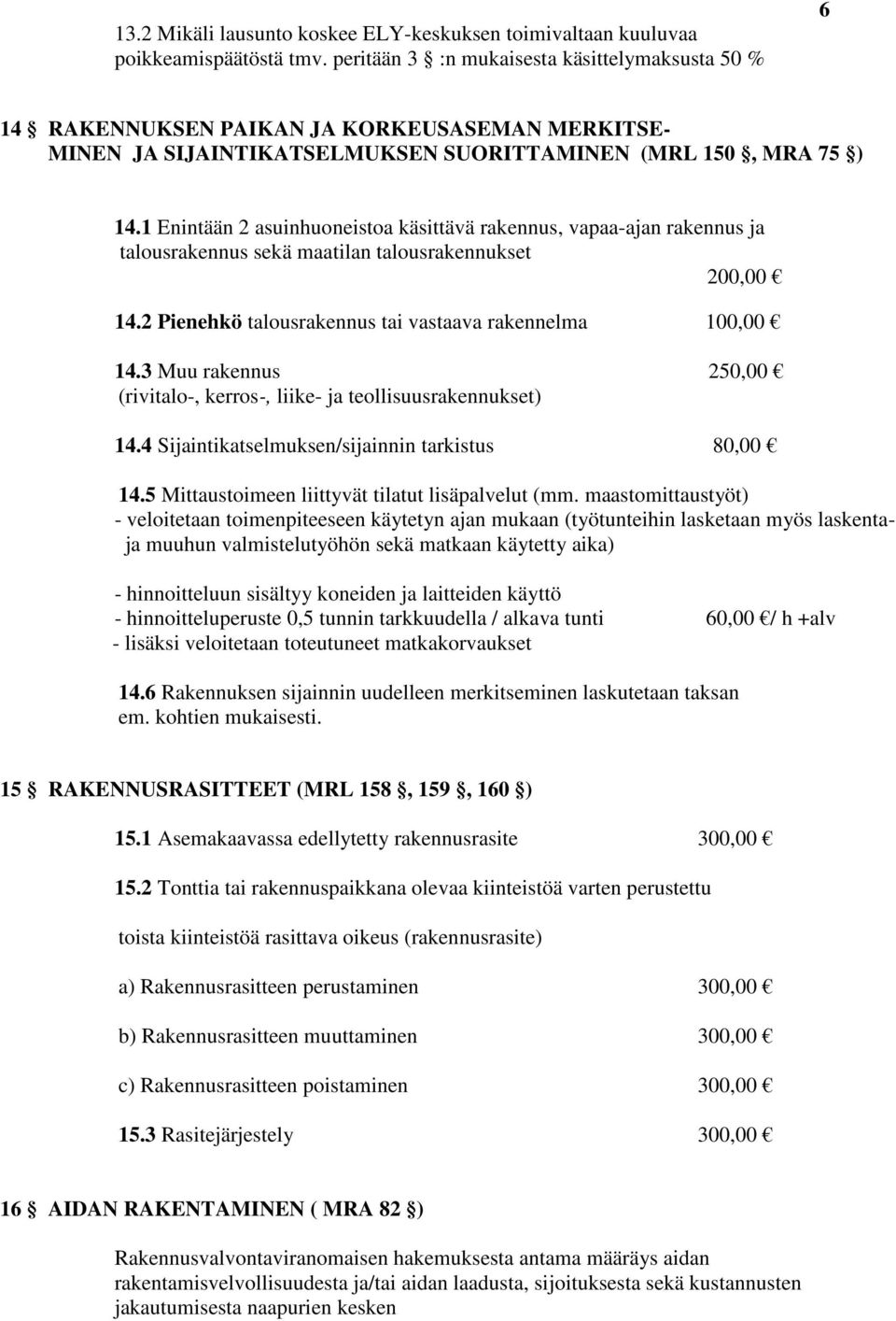 1 Enintään 2 asuinhuoneistoa käsittävä rakennus, vapaa-ajan rakennus ja talousrakennus sekä maatilan talousrakennukset 200,00 14.2 Pienehkö talousrakennus tai vastaava rakennelma 100,00 14.