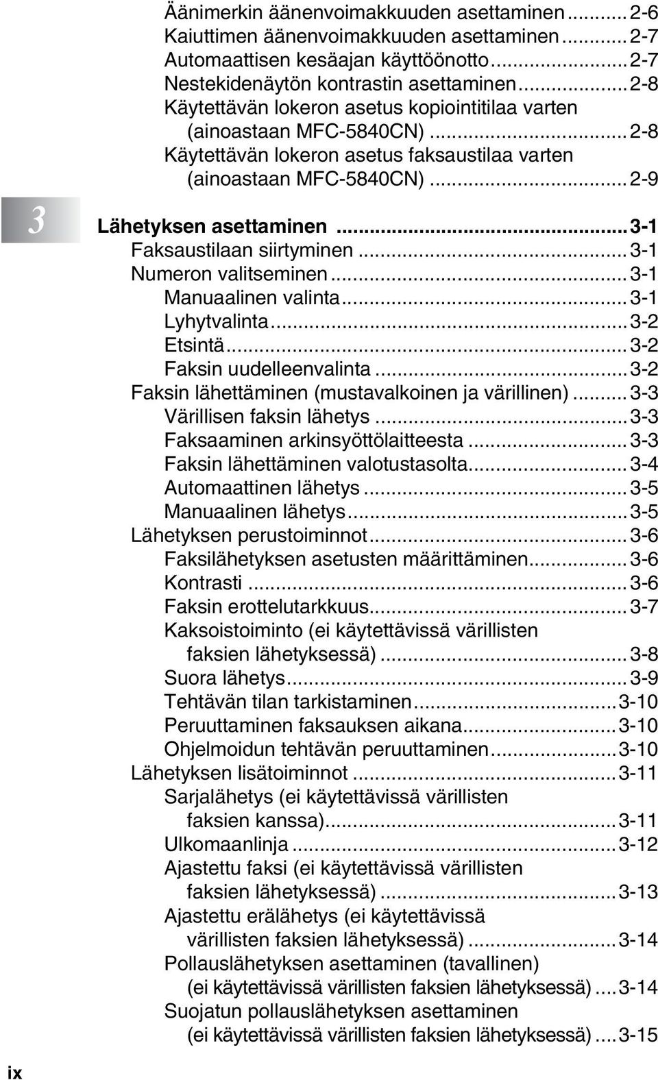 ..3-1 Faksaustilaan siirtyminen... 3-1 Numeron valitseminen...3-1 Manuaalinen valinta... 3-1 Lyhytvalinta...3-2 Etsintä...3-2 Faksin uudelleenvalinta.