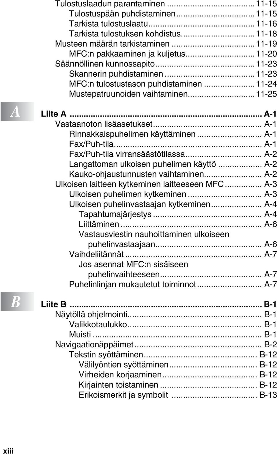 .. A-1 Vastaanoton lisäasetukset... A-1 Rinnakkaispuhelimen käyttäminen... A-1 Fax/Puh-tila... A-1 Fax/Puh-tila virransäästötilassa... A-2 Langattoman ulkoisen puhelimen käyttö.