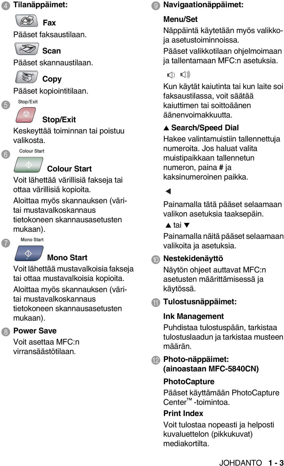 7 Mono Start Voit lähettää mustavalkoisia fakseja tai ottaa mustavalkoisia kopioita. Aloittaa myös skannauksen (väritai mustavalkoskannaus tietokoneen skannausasetusten mukaan).