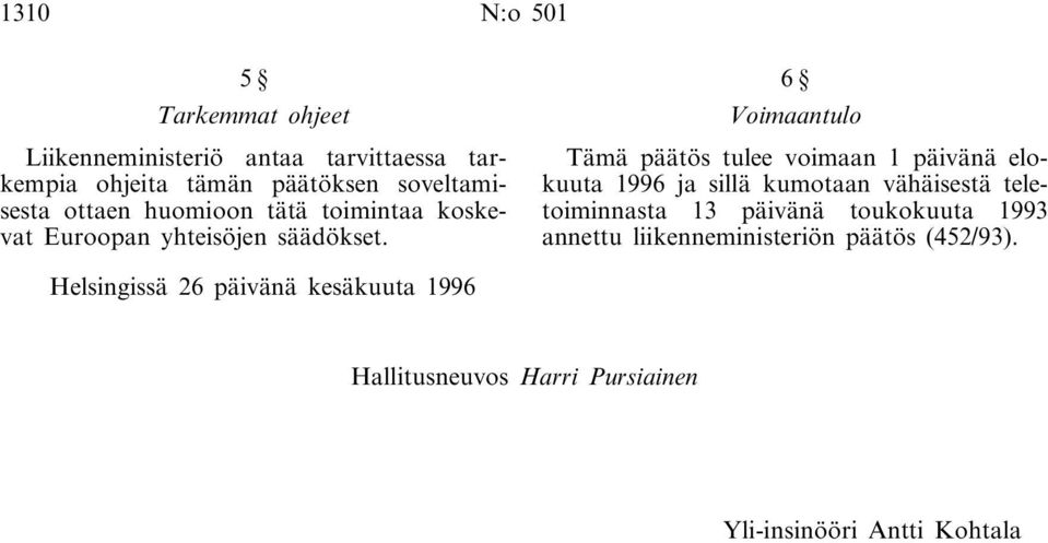 6 Voimaantulo Tämä päätös tulee voimaan 1 päivänä elokuuta 1996 ja sillä kumotaan vähäisestä teletoiminnasta 13