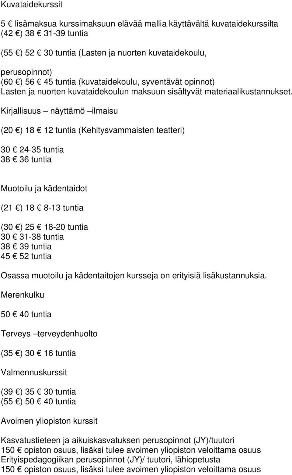Kirjallisuus näyttämö ilmaisu (20 ) 18 12 tuntia (Kehitysvammaisten teatteri) 30 24-35 tuntia 38 36 tuntia Muotoilu ja kädentaidot (21 ) 18 8-13 tuntia (30 ) 25 18-20 tuntia 30 31-38 tuntia 38 39