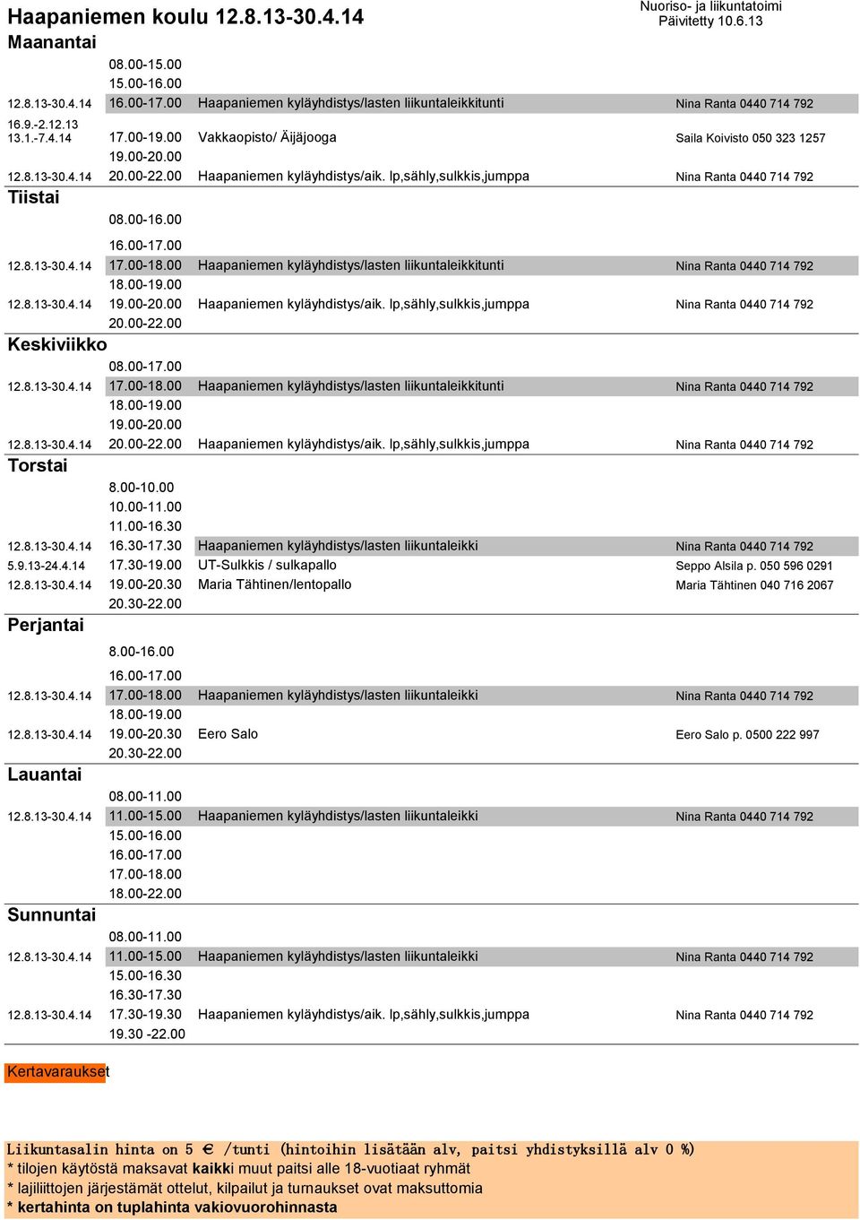 8.13-30.4.14 Haapaniemen kyläyhdistys/aik. lp,sähly,sulkkis,jumppa Nina Ranta 0440 714 792 20.00-22.00 08.00-17.00 12.8.13-30.4.14 Haapaniemen kyläyhdistys/lasten liikuntaleikkitunti Nina Ranta 0440 714 792 12.