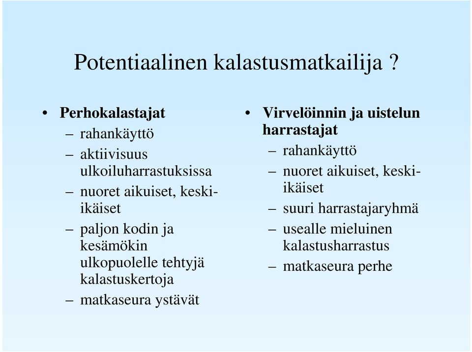 keskiikäiset paljon kodin ja kesämökin ulkopuolelle tehtyjä kalastuskertoja matkaseura