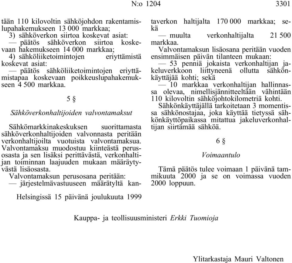 5 Sähköverkonhaltijoiden valvontamaksut Helsingissä 15 päivänä joulukuuta 1999 Sähkömarkkinakeskuksen suorittamasta sähköverkonhaltijoiden valvonnasta peritään verkonhaltijoilta vuotuista